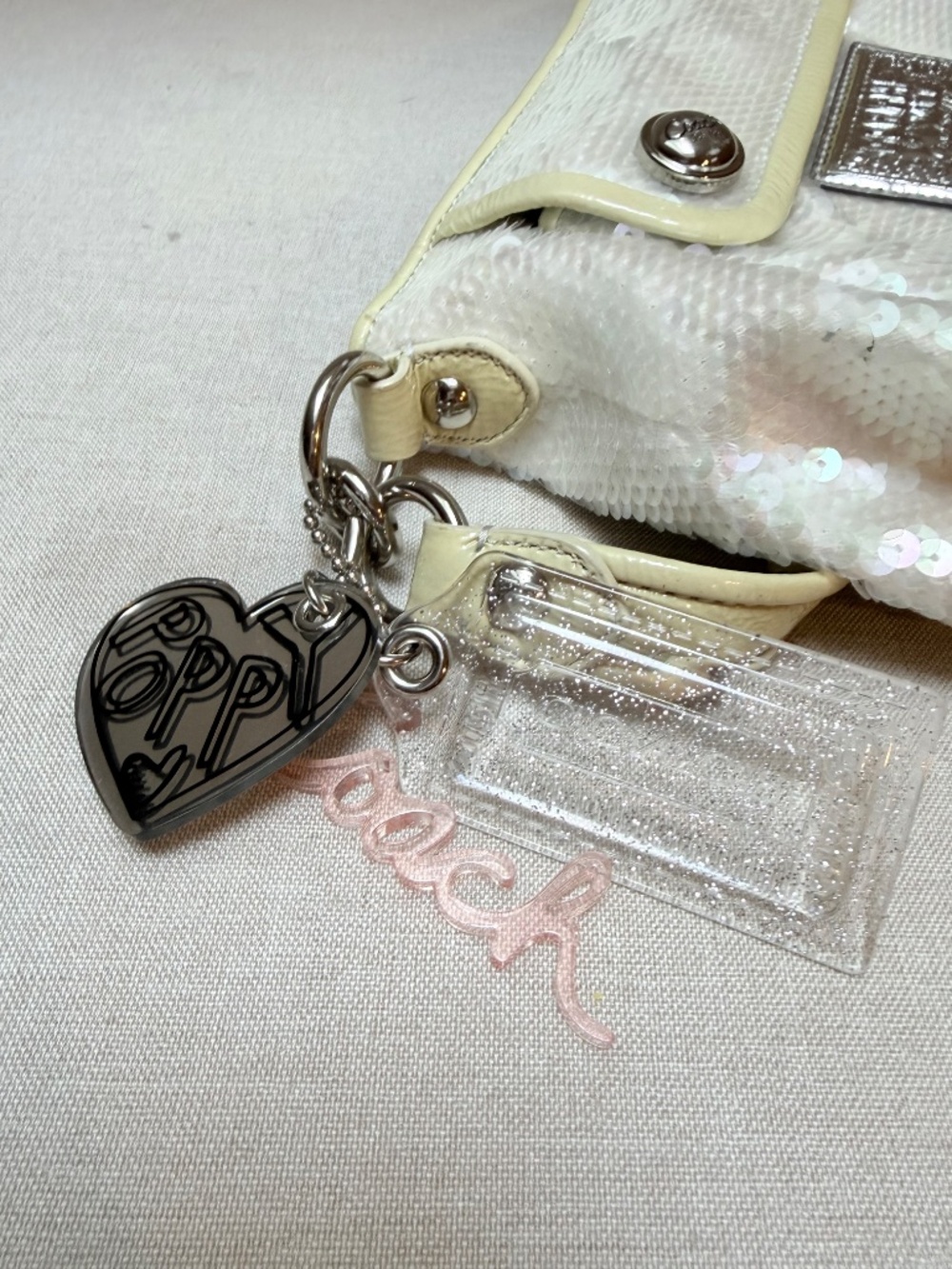 Coach Poppy White Sequin Bag Purse With Attached Charms Clean and Like New - Picture 15 of 15